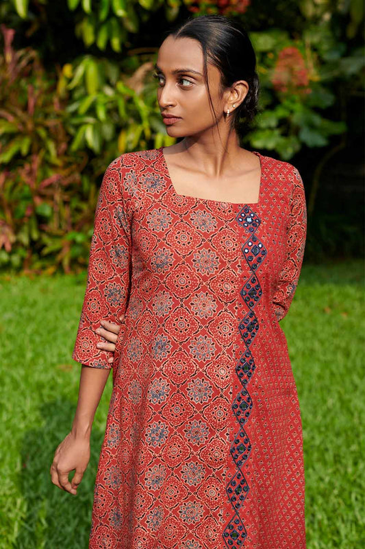 Red Base Ajrakh A-Line Kurti