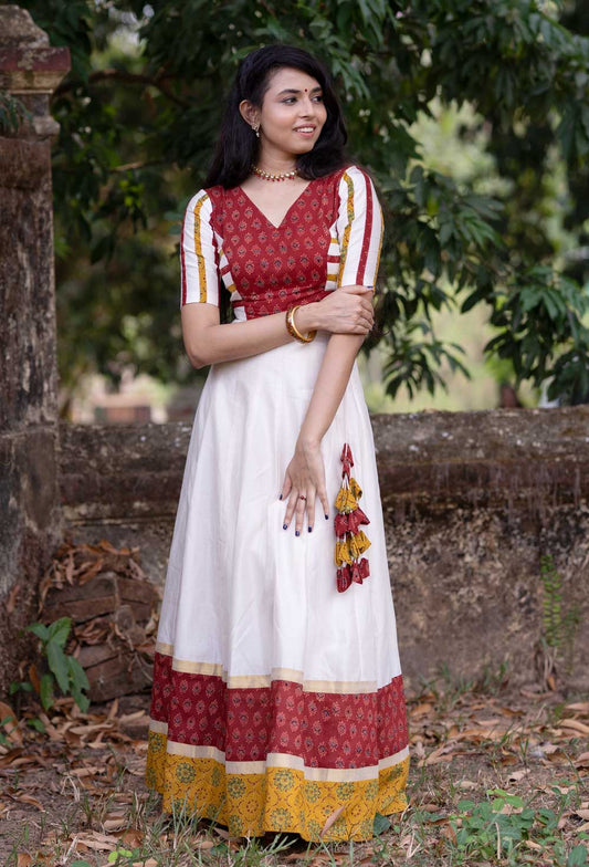 Off-White Chanderi Panel Skirt with Princess Panelled Blouse