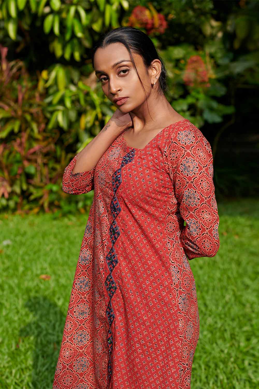 Red Base Ajrakh A-Line Kurti