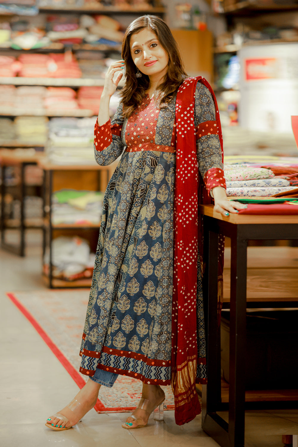 Ajrakh & Bandhani Blue Anarkali with Embroidered Yoke