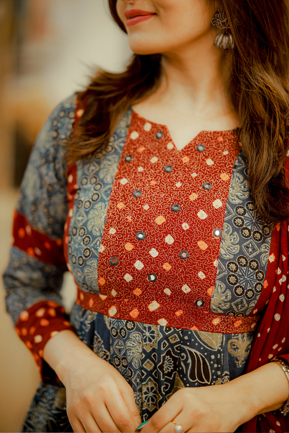 Ajrakh & Bandhani Blue Anarkali with Embroidered Yoke