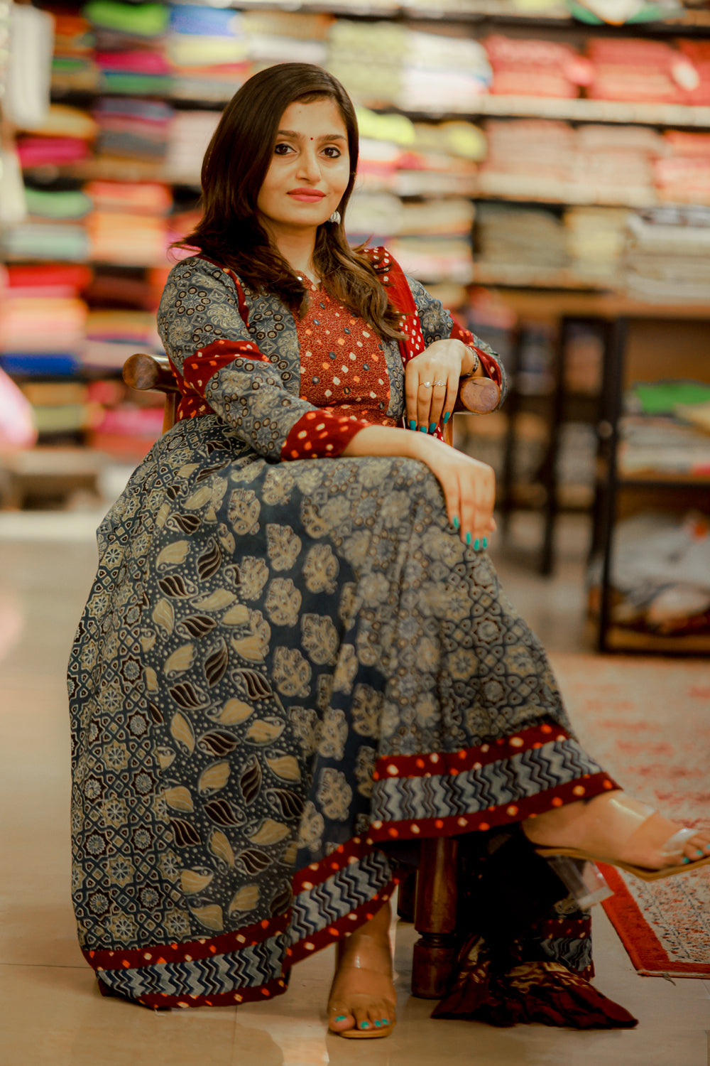 Ajrakh & Bandhani Blue Anarkali with Embroidered Yoke