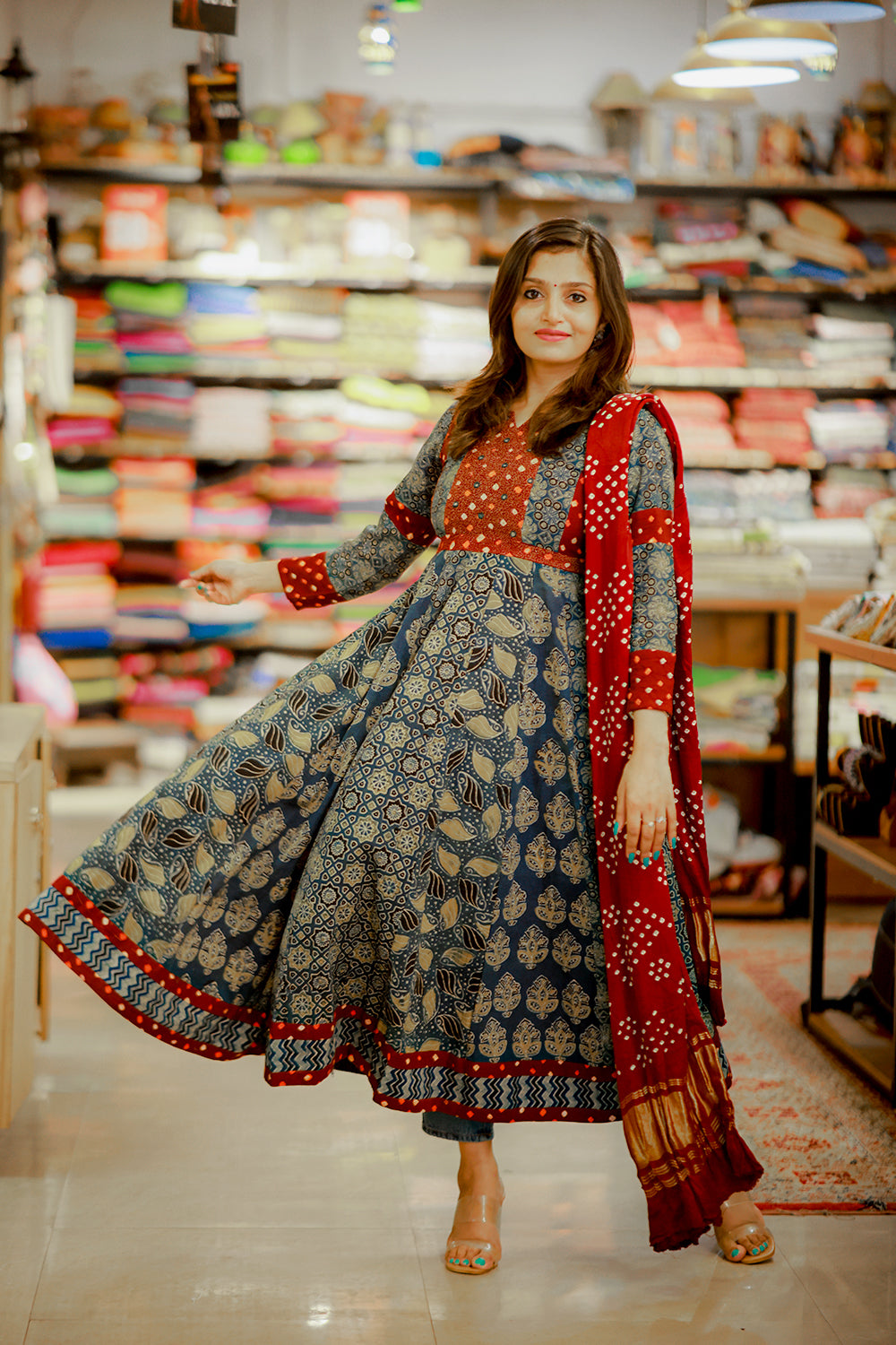 Ajrakh & Bandhani Blue Anarkali with Embroidered Yoke