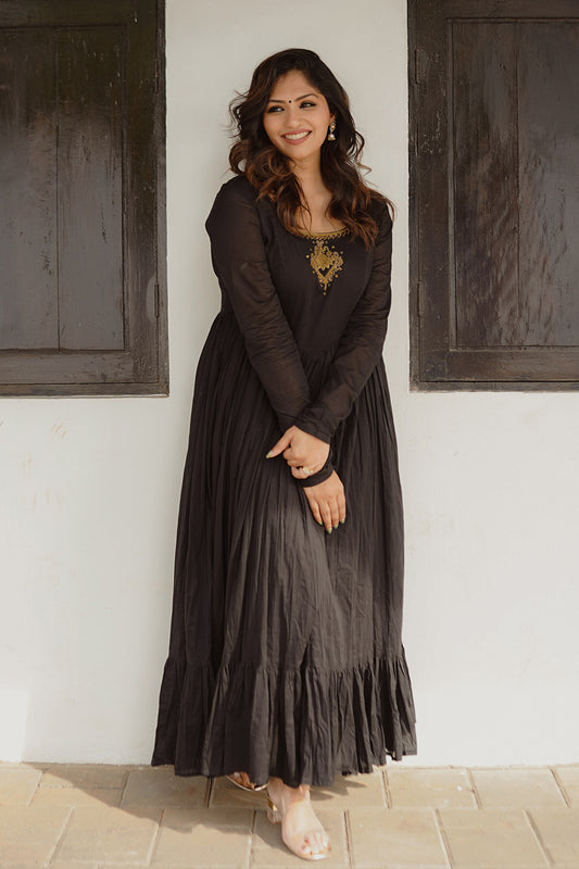 Black Cotton Gathered Dress