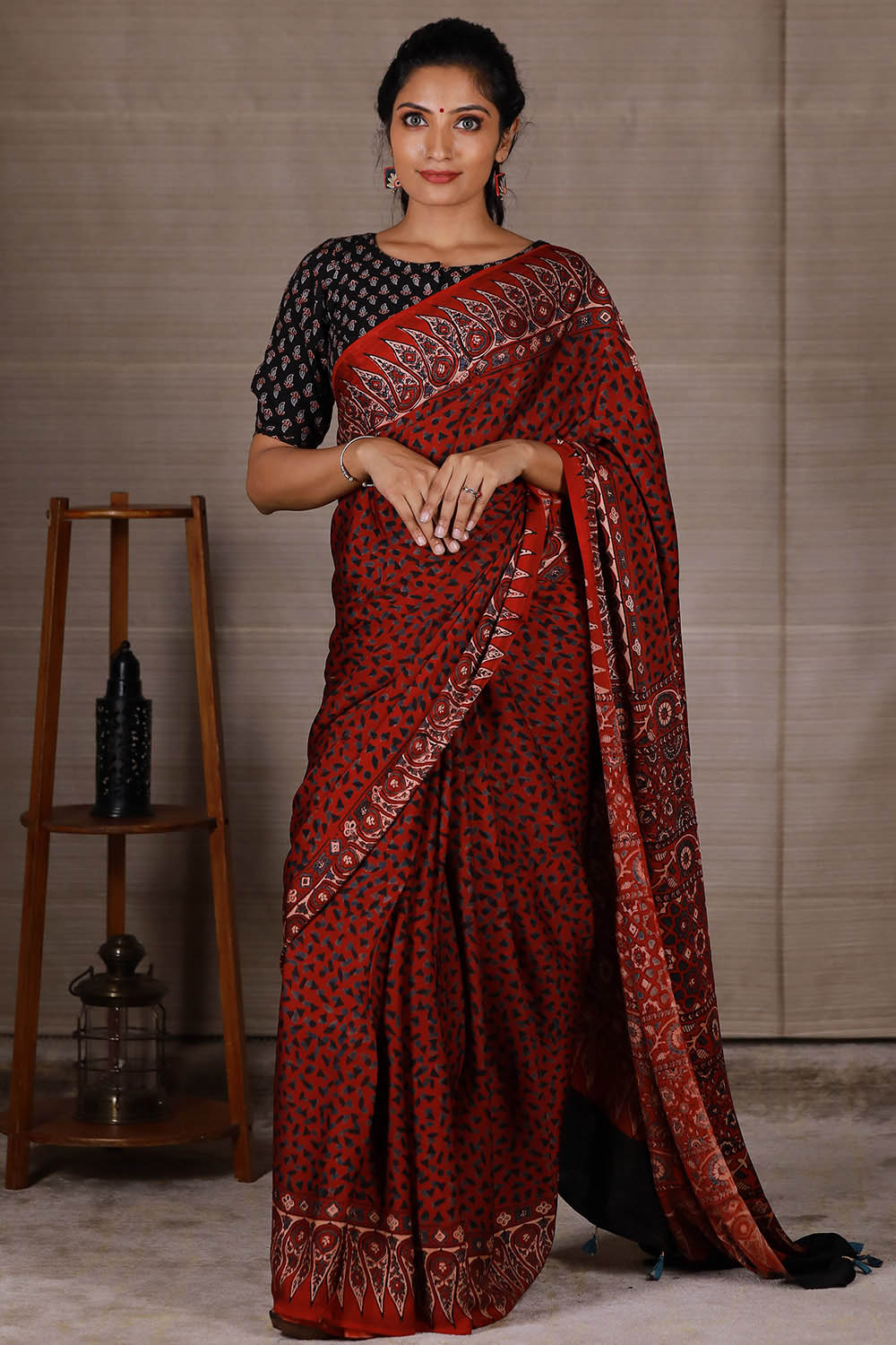 Red Base Modal Silk Ajrakh Saree