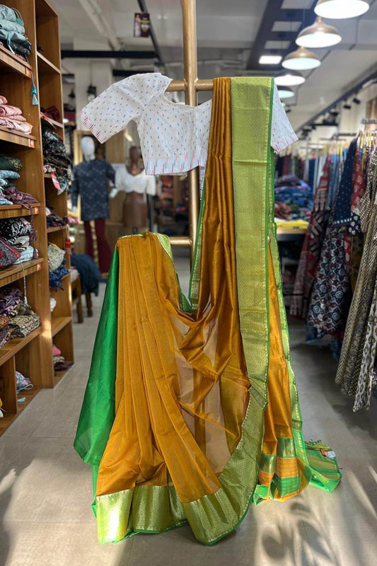 Maheshwari Silk Green & Yellow Saree Jari Temlpe Border