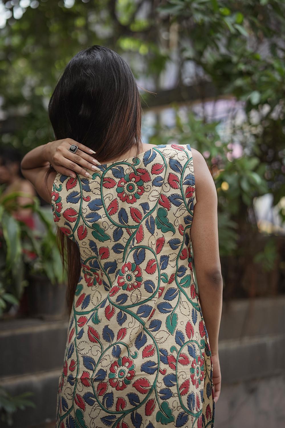 Baige Base Red & Green Floral Print Kurti