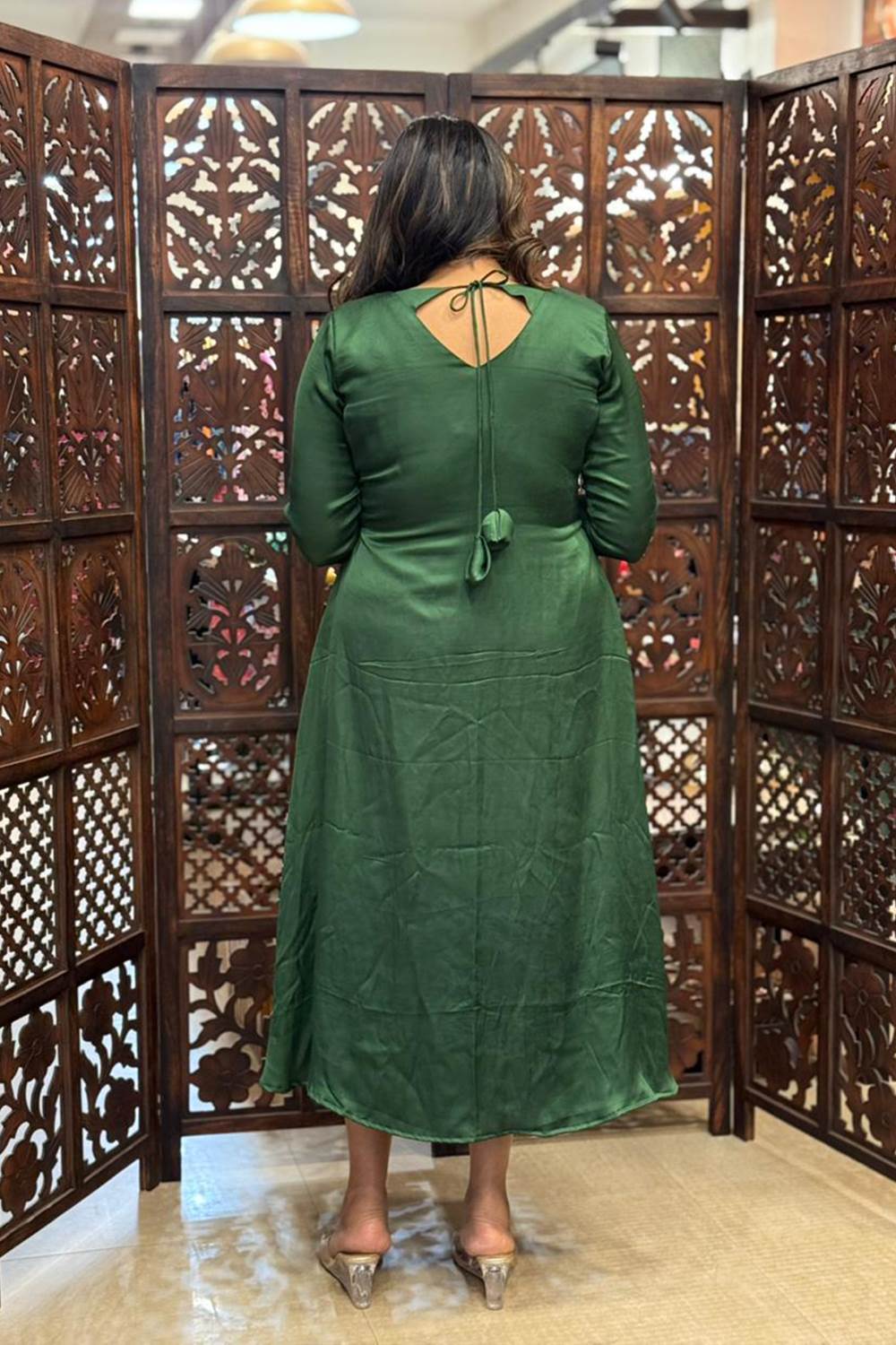 Green Modal SIlk Pleated Red Embroidery Dress