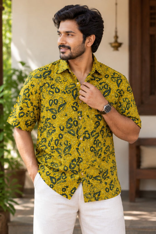 Yellow Base Flower & Creaper Print Modal Silk Shirt