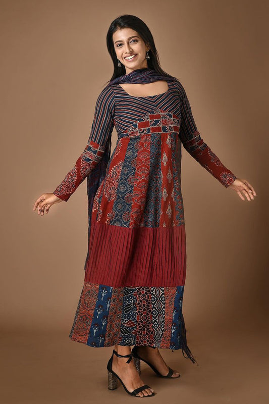 Blue & Red Panel Anarkali with Striped & Patched Yoke