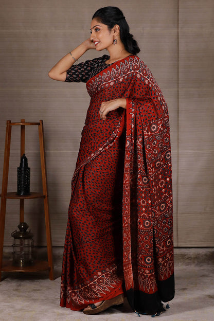 Red Base Modal Silk Ajrakh Saree