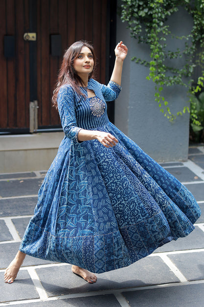 Indigo Blue Anarkali Patched Drop Neck