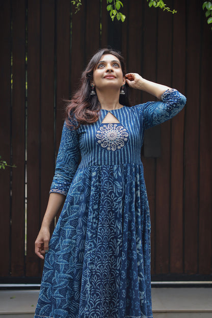 Indigo Blue Anarkali Patched Drop Neck