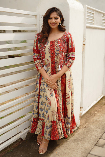 Beige & Red Ajrakh Anarkali