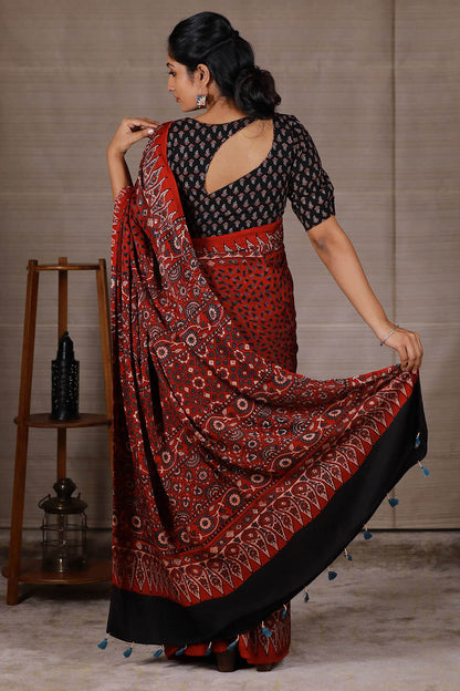 Red Base Modal Silk Ajrakh Saree