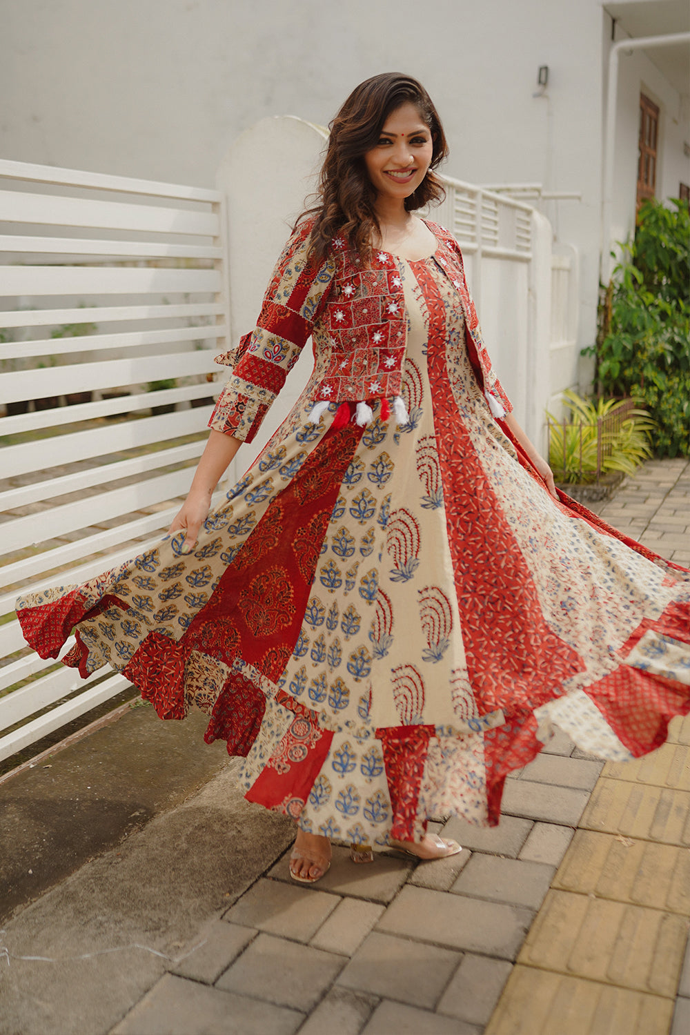 Beige & Red Ajrakh Anarkali