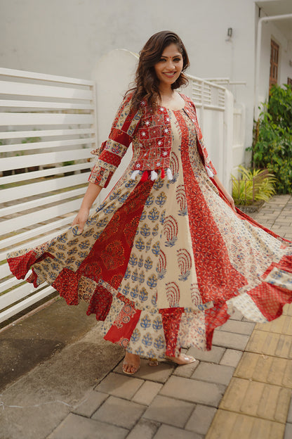 Beige & Red Ajrakh Anarkali