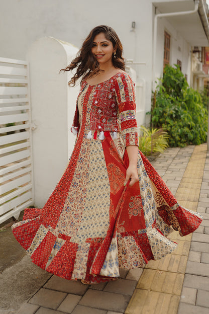 Beige & Red Ajrakh Anarkali