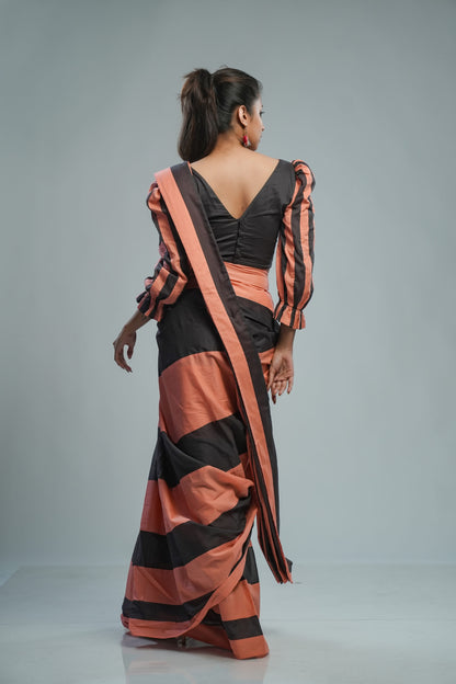 Peach & Grey Stripes Mul Saree