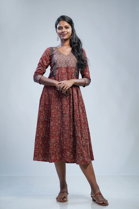 Red Ajrakh Print 3 Panel Gathered Kurti