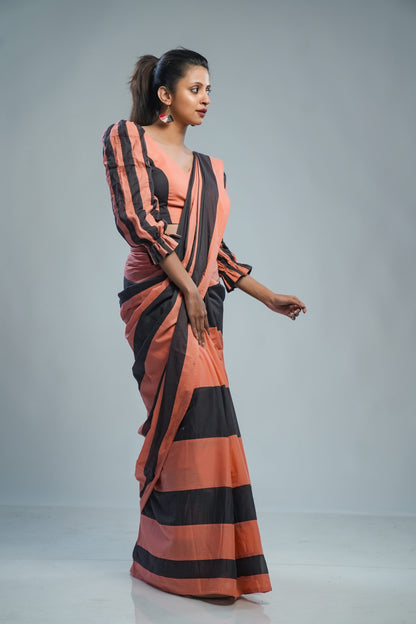 Peach & Grey Stripes Mul Saree