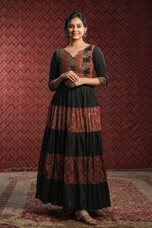 Black & Red Ajrakh Tiered Anarkali