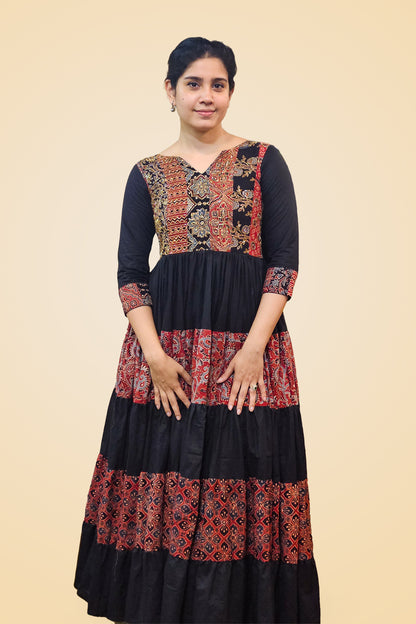 Black & Red Ajrakh Tiered Anarkali