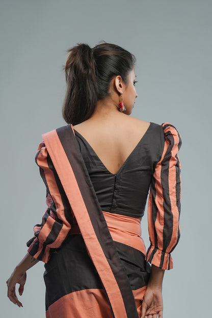 Peach & Grey Stripes Mul Saree