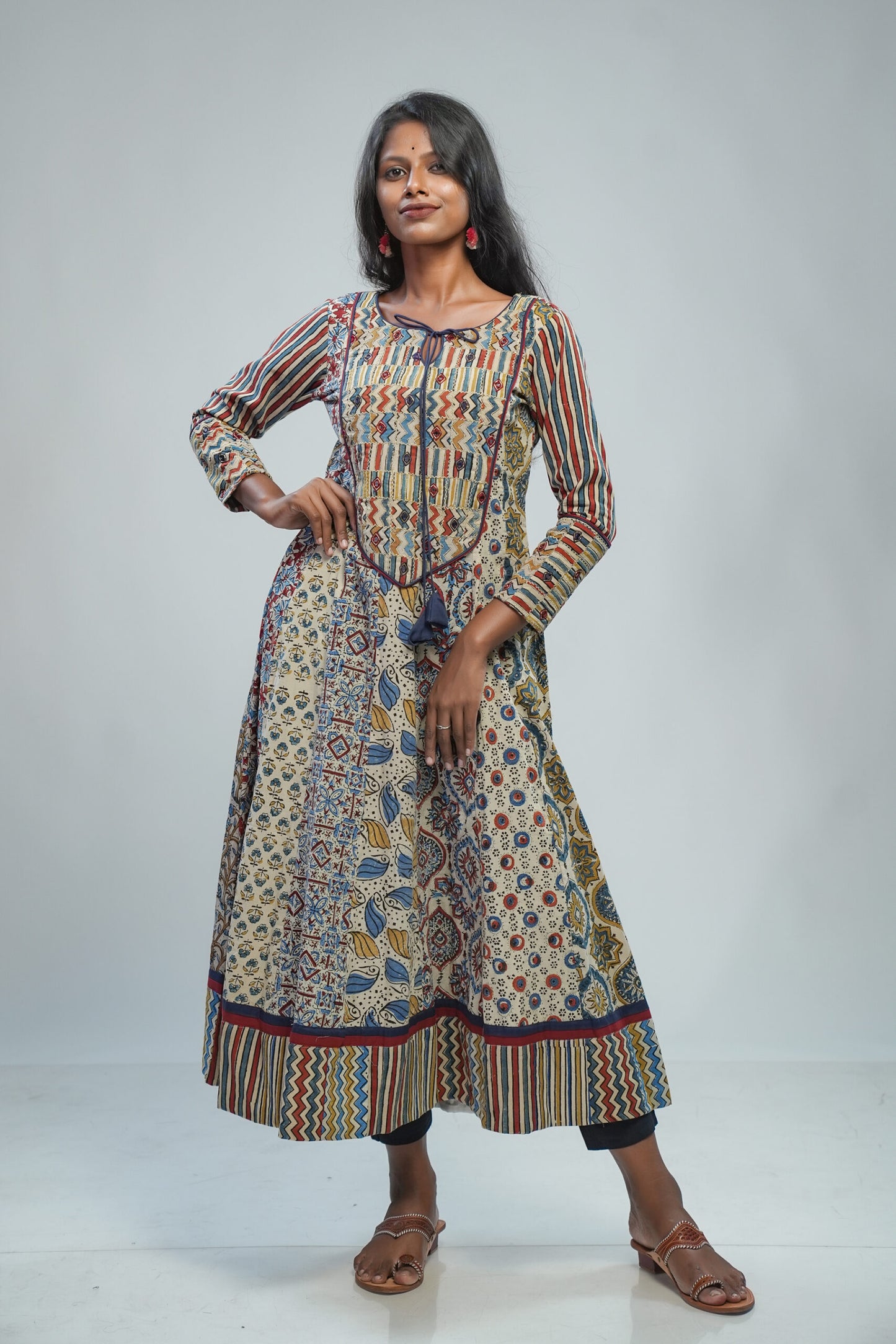 Offwhite Ajrakh Panel Anarkali with Patched Yoke