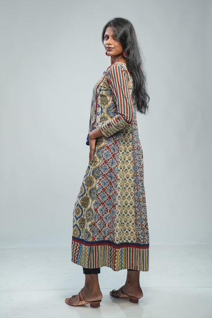 Offwhite Ajrakh Panel Anarkali with Patched Yoke