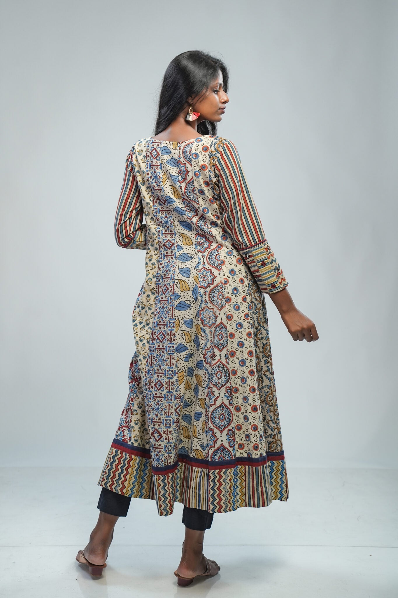 Offwhite Ajrakh Panel Anarkali with Patched Yoke