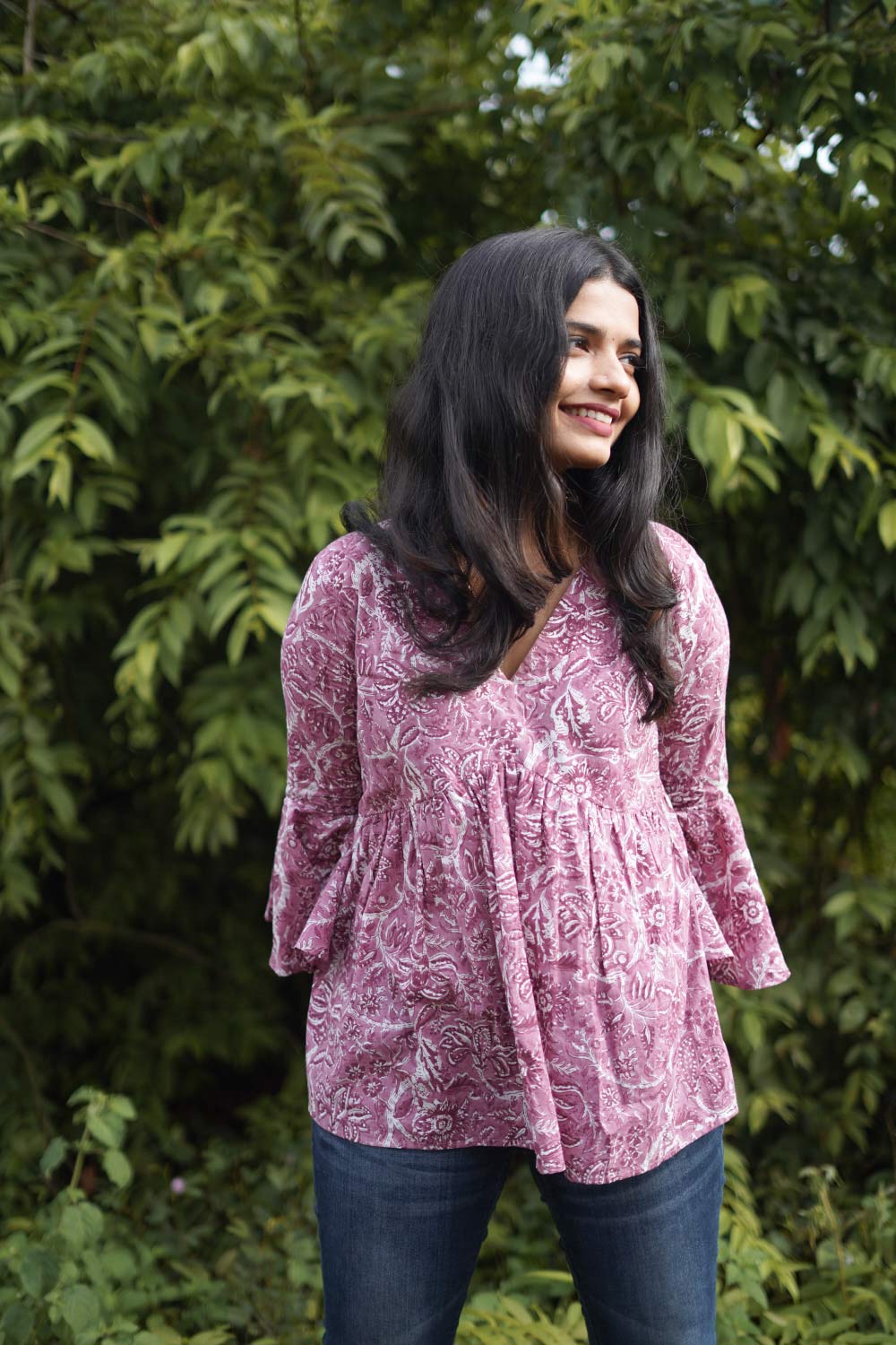 Pink Sanganeri Empire Top with Gathers