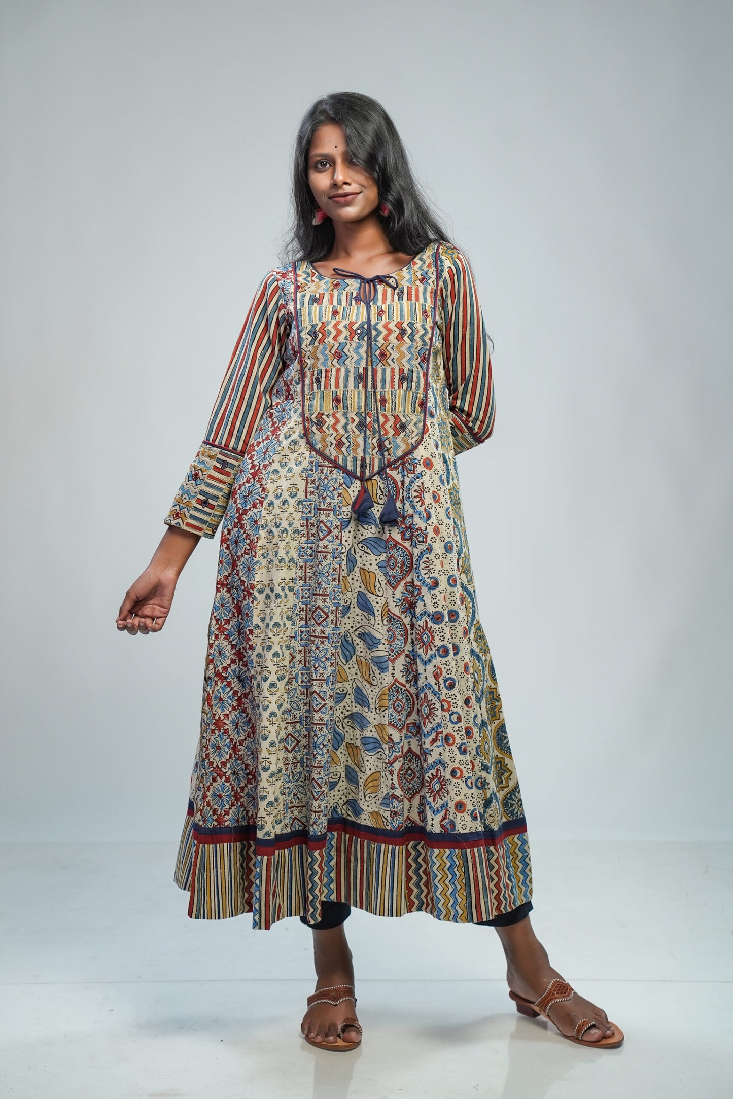 Offwhite Ajrakh Panel Anarkali with Patched Yoke