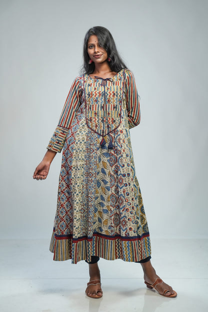 Offwhite Ajrakh Panel Anarkali with Patched Yoke