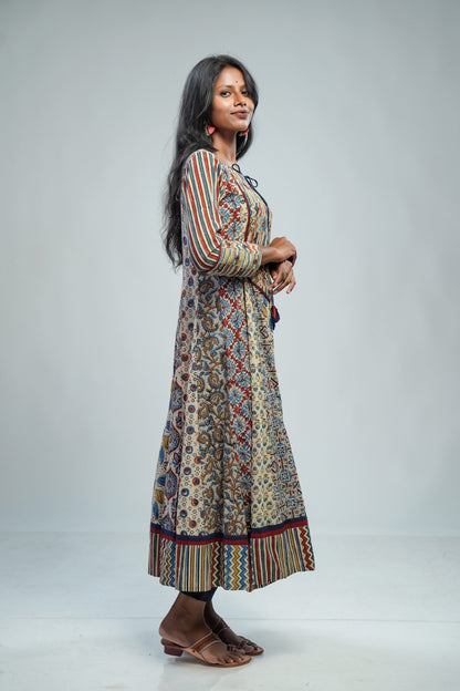 Offwhite Ajrakh Panel Anarkali with Patched Yoke