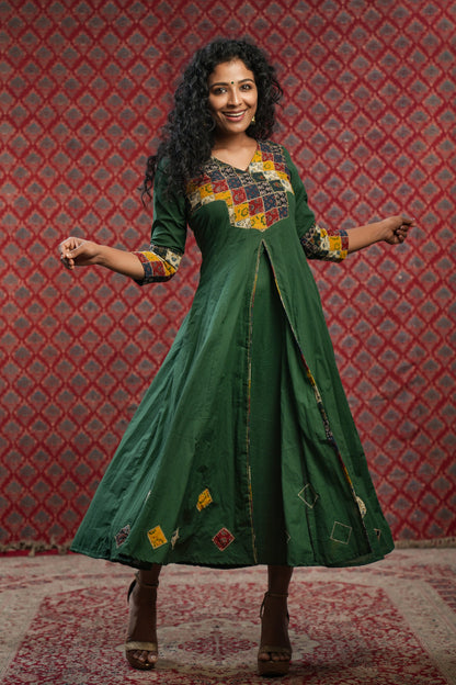 Forest Green Anarkali with Ajrakh Patch Yoke