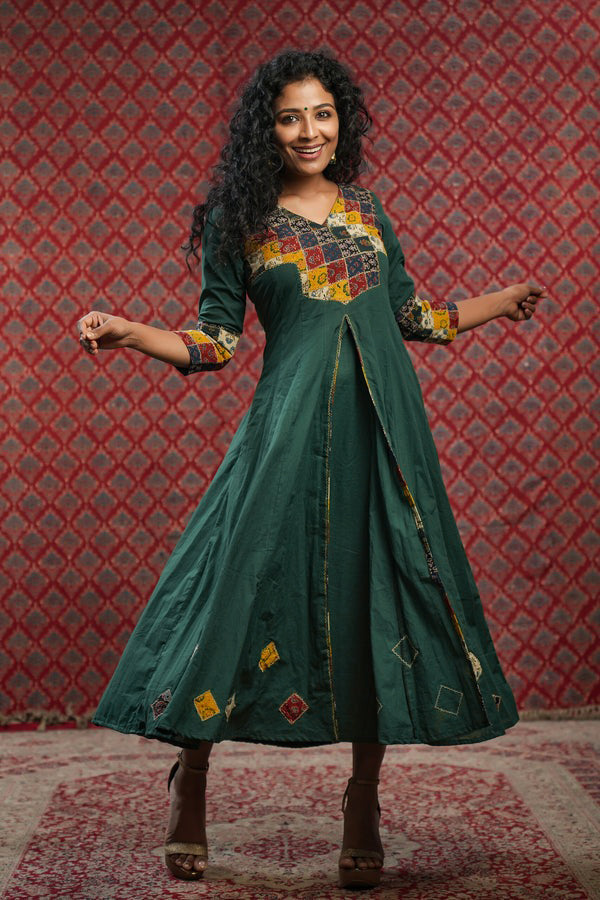 Forest Green Anarkali with Ajrakh Patch Yoke