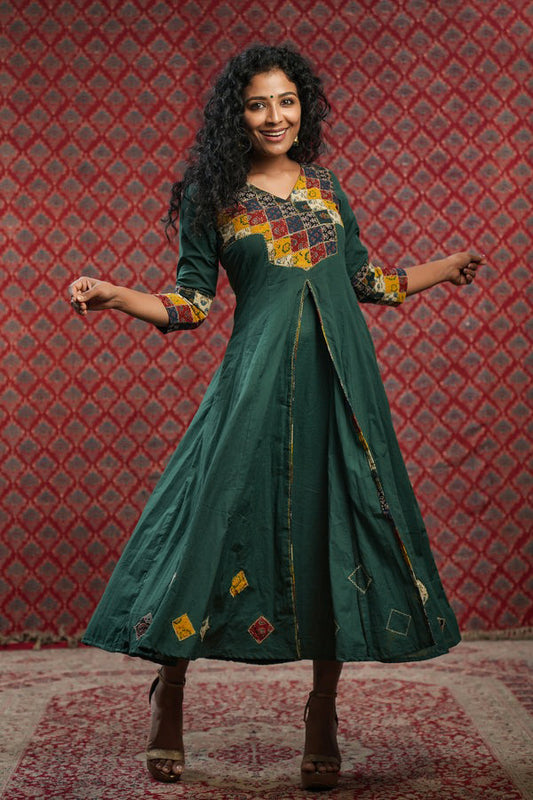 Forest Green Anarkali with Ajrakh Patch Yoke