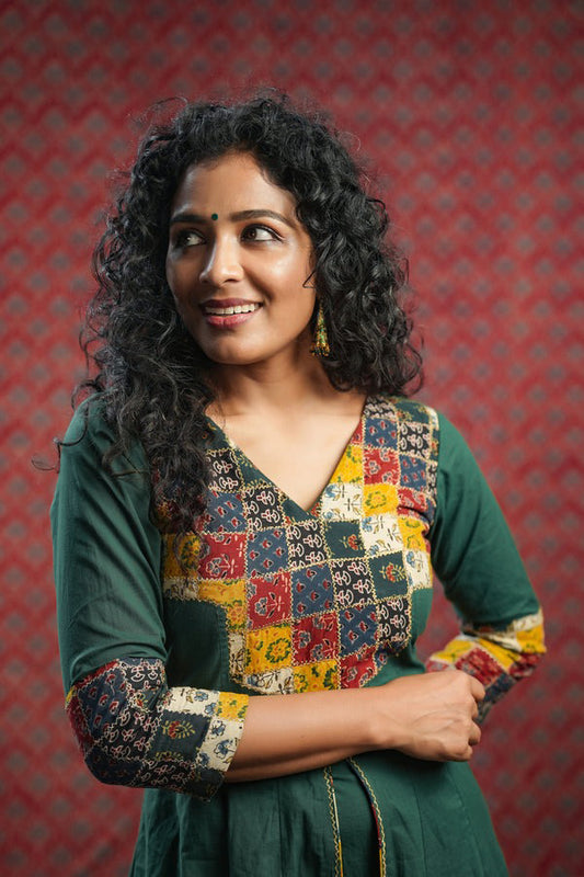 Forest Green Anarkali with Ajrakh Patch Yoke