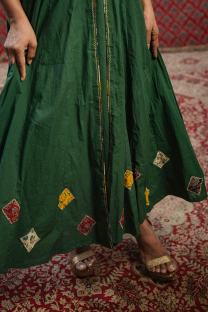 Forest Green Anarkali with Ajrakh Patch Yoke