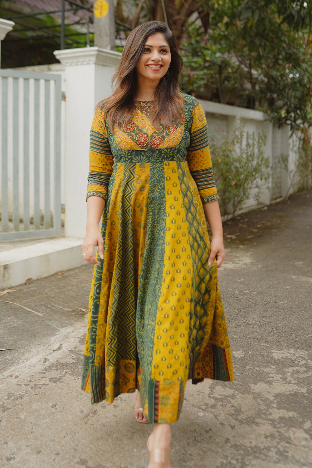 Yellow & Green Ajrakh Anarkali