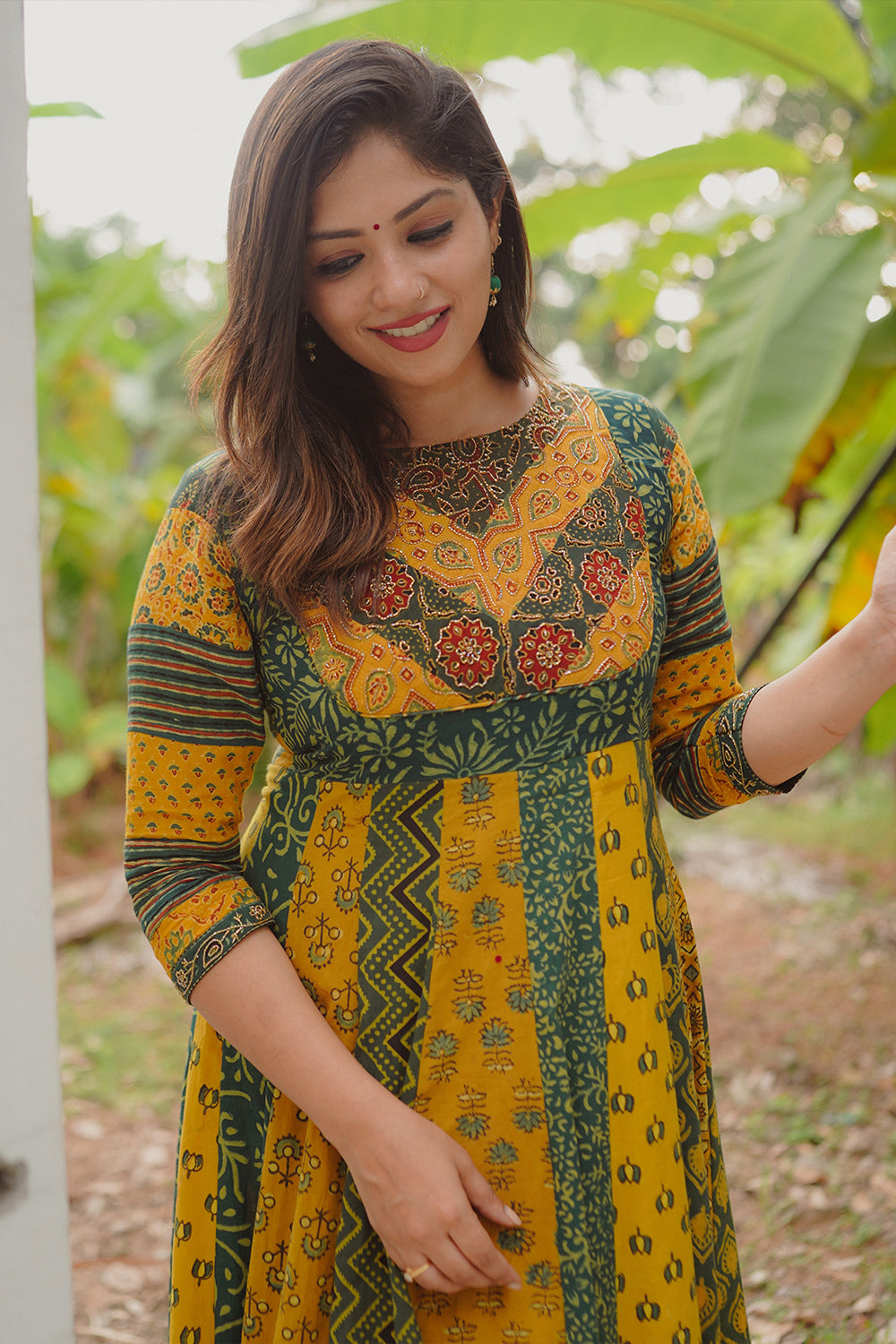 Yellow & Green Ajrakh Anarkali