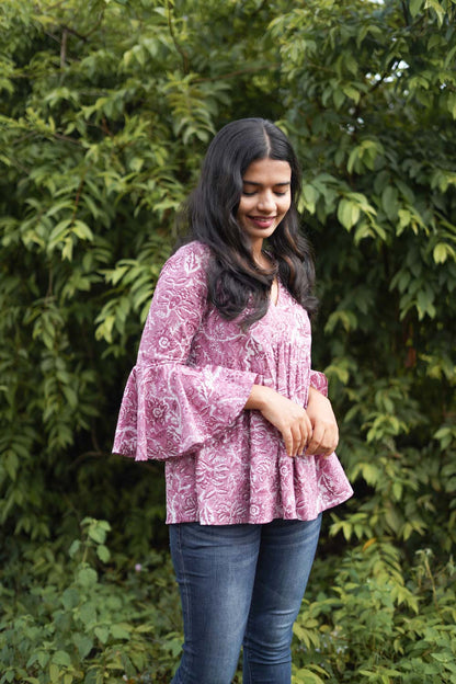 Pink Sanganeri Empire Top with Gathers