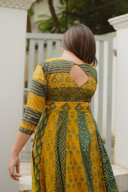 Yellow & Green Ajrakh Anarkali