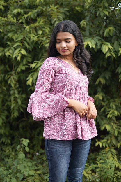 Pink Sanganeri Empire Top with Gathers