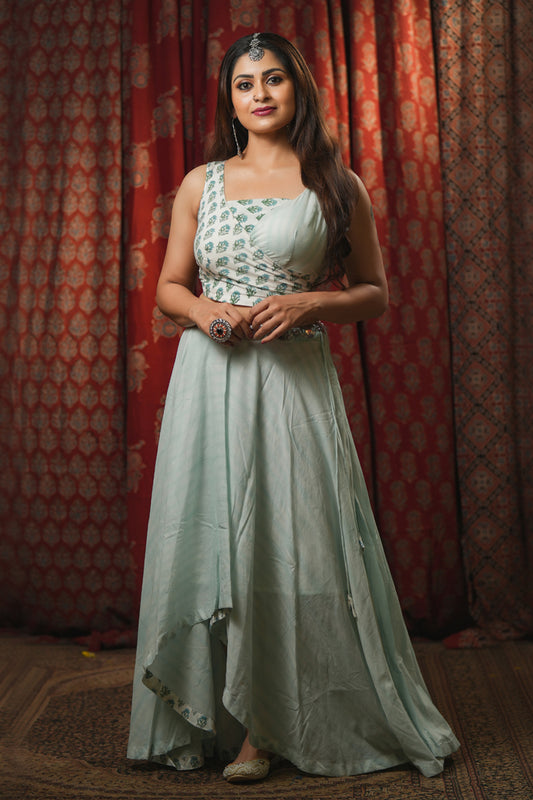 White Sanganeri Blouse with Tie Dye Skirt