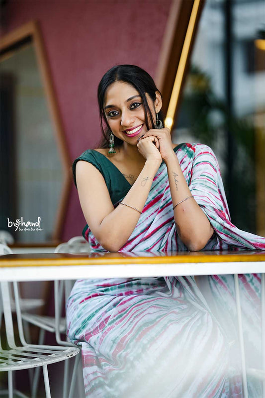 Red & Green Shibori Saree With Green Border