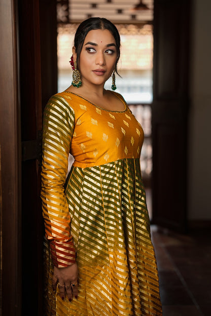 Yellow Green Orange & Golden Chanderi Silk Anarkali