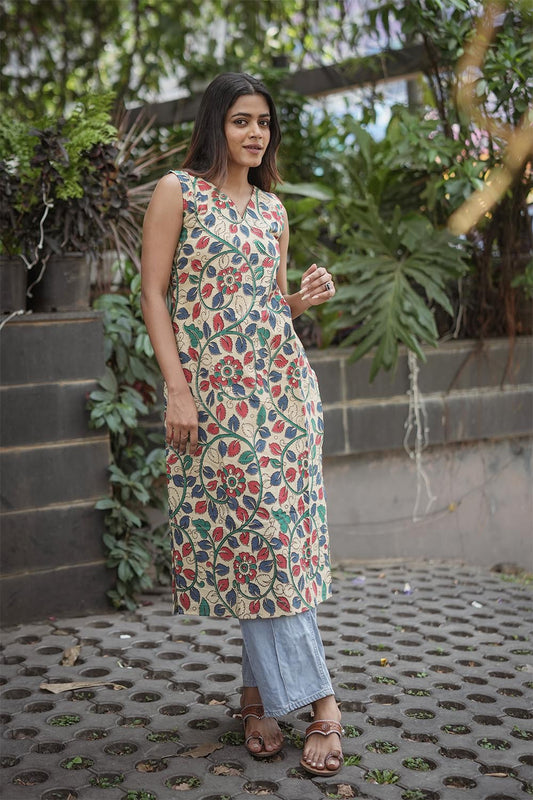 Baige Base Red & Green Floral Print Kurti