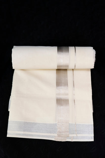 Silver Multiple Stripes Border Double Mundu